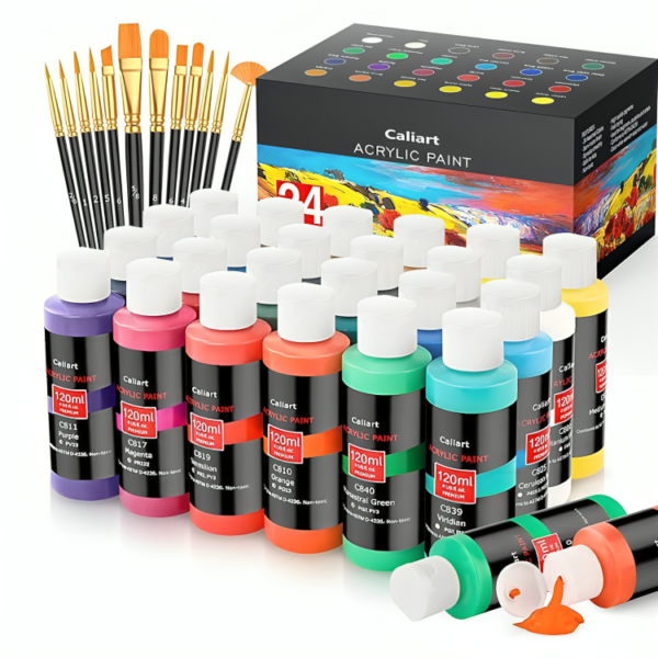 Caliart Acrylic Paint Set With 12 Brushes, 24 Colors